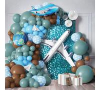 132 pezzi Set di arco di palloncini a tema viaggio, include palloncini in lattice nei colori grigio blu, blu, caffè, nuvola, e palloncini a forma di aeroplano e globo, adatto per decorazioni di feste 