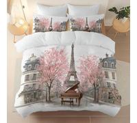 135 X 200 cm Alta Qualità Copripiumino,Acquerello Architettura Rurale Fiori Di Ciliegio Thème Set Letto Matrimoniale Completo In Microfibra Con Cerniera, 1 Copripiumini + 2 Federa,Anallergico Bianco