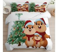 135 x 200 cm Set Copripiumino Verde, Albero Natale Famiglia Marmotte Natale Copripiumino Bambino in Microfibra Stampato con Cerniera Inclusi 1 Federe 50x80 cm Biancheria da Letto di Alta Qualità