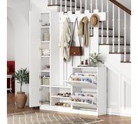 135 x 25 x 180 cm, set appendiabiti con specchio, armadio, armadio, armadio pensile, armadio compatto, con 2 scarpiere inferiori e 2 armadietti, adatto per porte aperte, corridoi, bianco