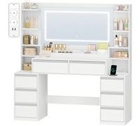 135cm Toeletta Trucco con Specchio, Toeletta con LED e Prese, Grande Tavolo da Trucco con Supporto Per Asciugacapelli, 8 Cassetti e Ripiani Aperti, Moderno, Bianco-Argento Informazioni su questo artic