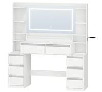 135cm Toeletta Trucco con Specchio, Toeletta con LED e Prese, Grande Tavolo da Trucco con Supporto Per Asciugacapelli, 8 Cassetti e Ripiani Aperti, Moderno, Bianco-Argento Informazioni su questo artic