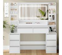 135cm Toeletta Trucco con Specchio, Toeletta con LED e Prese, Grande Tavolo da Trucco con Supporto Per Asciugacapelli, 8 Cassetti e Ripiani Aperti, Moderno, Bianco-Argento Informazioni su questo artic