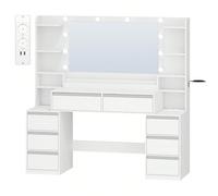 135cm Toeletta Trucco con Specchio, Toeletta con LED e Prese, Grande Tavolo da Trucco con Supporto Per Asciugacapelli, 8 Cassetti e Ripiani Aperti, Moderno, Bianco-Argento Informazioni su questo artic