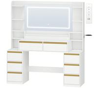 135cm Toeletta Trucco con Specchio, Toeletta con LED e Prese, Grande Tavolo da Trucco con Supporto per Asciugacapelli, 8 Cassetti e Ripiani Aperti, Moderno, Bianco-Oro Informazioni su questo articolo1