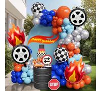 136 pezzi Set di arco di palloncini a tema auto da corsa blu e arancione, inclusi palloncini in lamina a forma di fiamma, decorazioni per feste di compleanno a tema Monster Truck, palloncini a forma d