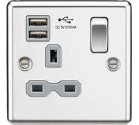 13A 1G Presa commutata Dual USB Charger Slot con inserto grigio - Bordo arrotondato Cromo lucido