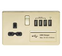 13A 2G senza Viti Ottone Lucidato 1G Presa Elettrica & Quad 5V USB Charger Porte