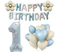 14 pezzi blu crema fiocchi decorativi per il 1° compleanno, decorazione di compleanno 1 anno, Happy Birthday palloncini striscione in pellicola, numero 1 blu, palloncini a forma di cuore, blu crema