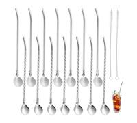 14 Pezzi Cucchiai per Cannuccia in Acciaio Inox, Cucchiaio Cocktail Riutilizzabile 2 in1 Cucchiaio di Paglia Cannuccia del Cucchiaio di Metallo con 2 Cannucce Spazzola per Cocktail,Frullati,Bevande