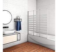 140 cm Sopravasca Tre Ante Pieghevoli a Libro Verso Sinistro Vetro 4 mm Temperato Fasce Bianche Opache Telaio Argento Opaco 130 cm