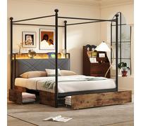 140 x 190, letto matrimoniale multifunzione con vano portaoggetti e baldacchino in ferro, con pali rimovibili con illuminazione a LED e porte di ricarica USB/Type-C e tre cassetti, nero (140 x 190)