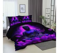 140 x 200 cmSet copripiumino 3 pezzi con 2 federa per cuscino, Fantasia Statua Del Buddha Fiori Petali Viola Motivo A Cerniera Lunga Durata- Viola Tessuto Morbido al Tatto Microfibra Anallergico