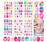 (144 pezzi e 24 pezzi) Unghie finte per bambini, unghie artificiali per ragazze, unghie adesive per bambini, unghie acriliche a copertura completa corte da applicare, set di unghie finte per decorazio