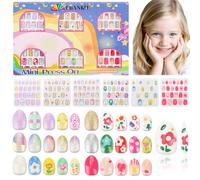 144 Pezzi Unghie a Pressione per Bambini, EBANKU 6 Confezioni Unghie Finte Rosa Oro Fiore Stella a Pressione per Ragazze 5-12 Anni con Adesivi per Unghie Gelatina