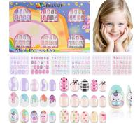 144 pezzi unghie finte da applicare per bambini, EBANKU 6 confezioni unghie finte per bambini colorate carine da applicare per bambine 5-12 anni con pre-adesivi