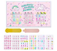 144Pcs Bambini Premere sulle Unghie Bambini Ragazze Premere su Unghie Finte Artificiali Corte unicorno arcobaleno Nessuna dissolvenza Stabile Attaccare Rapidamente su Pre Colla Completa Kit(Unicorno)