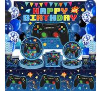 146 Pcs Videogioco Compleanno Decorazioni Gioco Accessori Partito Videogioco Stoviglie Set Incluso Piastre Sfondo e Tovaglia per Compleanno Decorazioni Bambini Serve 20 Ospiti