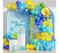 147 pezzi Set di ghirlande di palloncini in spugna a tema cartone animato, include palloncini in foil a forma di ananas e palloncini in lattice gialli, blu, trasparenti, verde acqua, blu metallizzato,