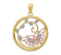 14K Giallo Rosa & Oro Bianco Lucidato Farfalla Con Foglie Rotondo Ciondolo