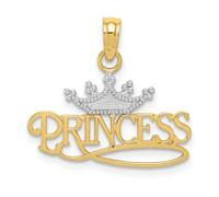 14K Oro Bianco e Giallo Bicolore Lucidato " Principessa " Con Corona Pendente
