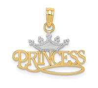 14K Oro Bianco e Giallo Bicolore Lucidato " Principessa " Con Corona Pendente