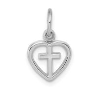 14K Oro Bianco Lucidato Cuore & Latino Croce Cristianesimo Religioso Ciondolo