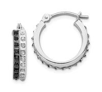 14k Oro Bianco Nero Diamante Piccolo 15mm 2 File Con Orecchini a Cerchio 0.01 KT