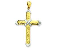 14K Oro Giallo e Bianco Greco Chiave Design Crocifisso Croce Religioso Ciondolo
