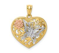 14k Oro Giallo e Bianco Taglio Diamante Filigrana Farfalla Ciondolo a Cuore