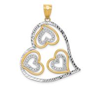 14K Oro Giallo e Bianco Taglio Diamante Tre Cuori Innamorati Valentine Ciondolo