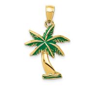 14k Oro Giallo Massiccio Concavo Lucido Smaltato Spiaggia Palma Albero Ciondolo