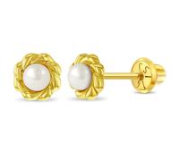 14k Oro Giallo Young Bambina Coltivate Perle Intrecciato Lunetta Vite Orecchini