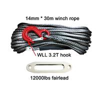 14mm x 30m Cavo sintetico della corda del verricello plasma con il gancio e falco,Elevata resistenza alla rottura