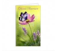 15-6549 - Biglietto di compleanno con farfalle e fiori di cosmo rosa, lavanda, viola, con busta, formato 12 x 19,5 cm, per ragazze e donne che amano la natura, con foto sublimate da fogliame argento