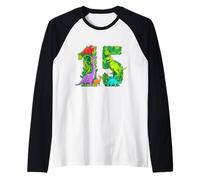 15° Compleanno Festa a Tema Dinosauro quindici Anni Maglia con Maniche Raglan