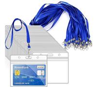15 cordini blu per collo con 15 porta carte, porta carte d'identità in plastica trasparente e cordino, orizzontali, sigillabili, impermeabili, porta badge con cordino per carte d'identità, ufficio,