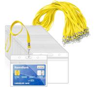 15 cordini gialli per collo con 15 porta carte, porta carte d'identità in plastica trasparente e cordino, orizzontali, sigillabili, impermeabili, con cordino per carte d'identità, ufficio, scuola,