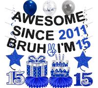 15 decorazioni di compleanno per ragazzi - 12 pezzi glitter nero blu Awesome Since 2011 Bruh I'm 15 banner pre infilati vortici da appendere a nido d'ape per feste di quindici anni forniture