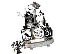15 decorazioni in legno di Halloween per vassoi a più livelli, tra cui pipistrelli Specters cartelli e feste in casa infestanti forniture fattorie Bucolico decorazioni di Halloween