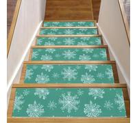 15 gradini per scale da interni con retro antiscivolo, 20,3 x 76,2 cm, per gradini in legno, morbido tappeto per scale per bambini e animali domestici, fiocchi di neve natalizi bianchi su sfondo verde