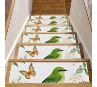 15 gradini per scale in legno, 20,3 x 76,2 cm, antiscivolo, per interni, per bambini, anziani e animali domestici, uccelli verdi e farfalle colorate tra i rami degli alberi