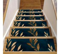 15 gradini per scale in legno, 20,3 x 76,2 cm, antiscivolo, per interni, per bambini, anziani e animali domestici, elegante motivo a foglie dorate su uno sfondo verde acqua scuro