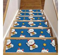 15 gradini per scale in legno, 20,3 x 76,2 cm, antiscivolo, per interni, per bambini, anziani e animali domestici, simpatici gatti fortunati con moneta su sfondo blu