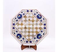 15 " Marmo Bianco Scacchi Table Top Multi Pietre Semi Preziose Lapis Fiori Inlay