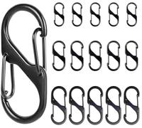15 moschettoni a forma di S, in metallo, con 8 moschettoni a forma di 2 aperture, 50 mm/40 mm/30 mm, piccoli per attività all'aperto, campeggio, casa, escursioni, colore nero, mini moschettone per