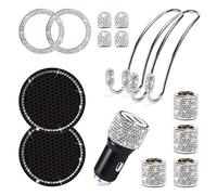 15 Pezzi Accessori Auto Donna Decorazione, Accessori Auto Interno Brillantini, Tuning Auto Universali, Ricarica Caricatore USB/Ganci Poggiatesta/Sottobicchieri Universale Decorazioni Strass Set