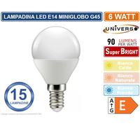 15 PEZZI LAMPADINA LED UNIVERSO MINIGLOBO G45 E14 6W 540 LUMEN 3000K 4000K 6500K