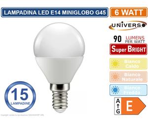 15 PEZZI LAMPADINA LED UNIVERSO MINIGLOBO G45 E14 6W 540 LUMEN 3000K 4000K 6500K