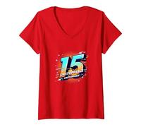 15 & Unstoppable: Regalo di Compleanno per Adolescenti Maglietta con Collo a V, Donna, Rosso, M